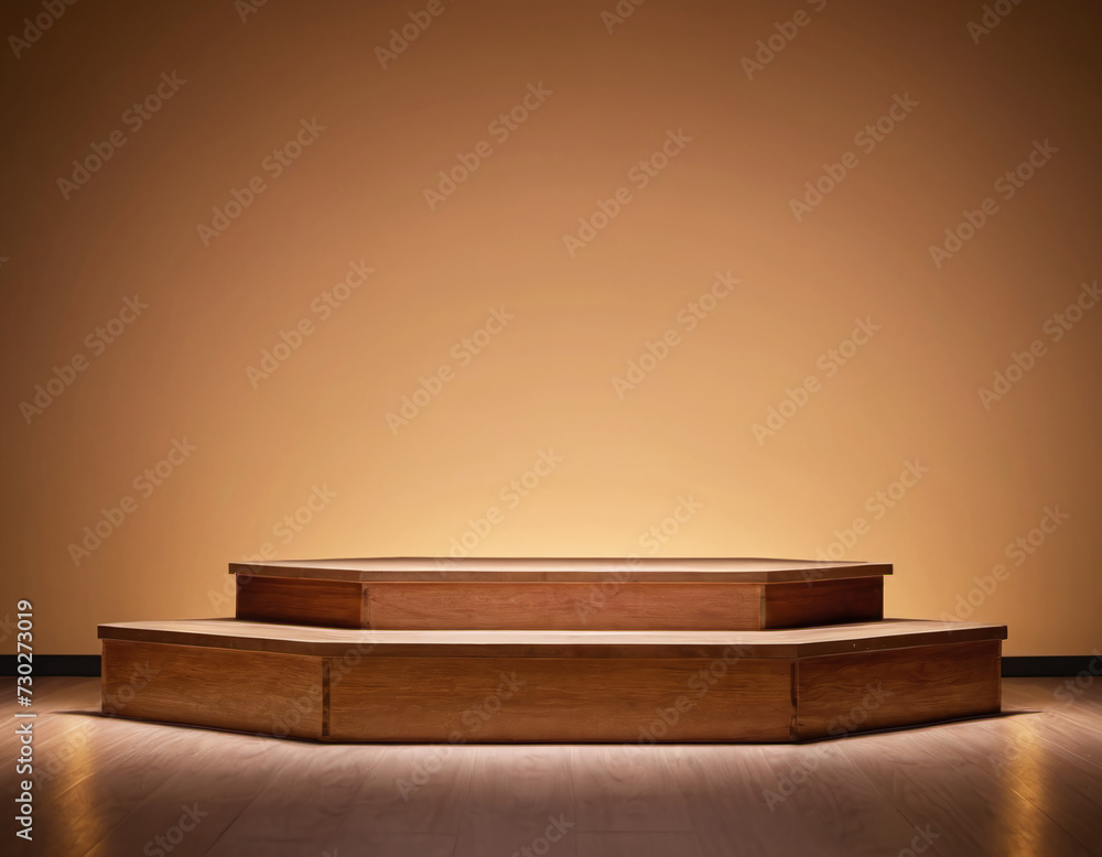 Poster minimalistic wooden podium on a polished floor with soft, warm lighting creating an inviting and ser