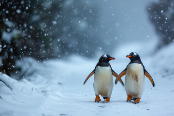 Frozen Frolic: Penguin Promenade in Snow