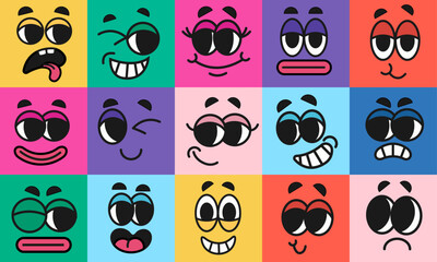 Fototapeta premium Various faces with different emotions in groovy style. Cartoon facial expressions. Colorful set of avatar designs. Mouth and eyes of doodle characters. Set of vector illustrations
