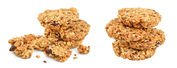 Granola cookie isolated on white background with full depth of field.