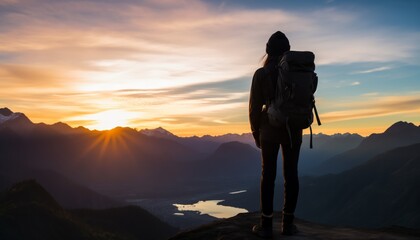 Young woman traveler with backpack on top of the mountain. enjoy the sunset at the horizon.