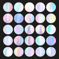 Holographic abstract backgrounds set. Gradient hologram. Neon holographic backdrop. Minimalistic 90s, 80s retro style graphic template for flyer, poster, banner, mobile app.