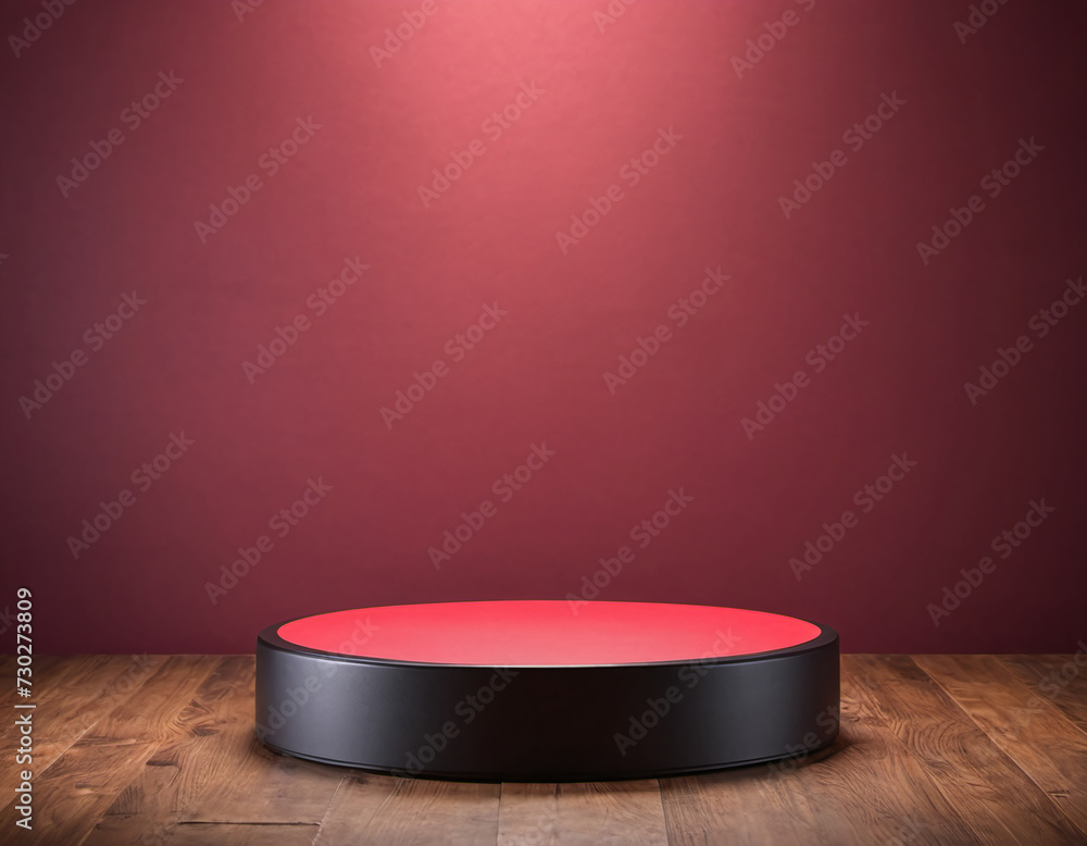 Poster elegant circular display podium on a wooden floor with a deep red backdrop, highlighting a sophistic