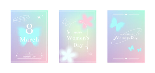March 8 greeting card y2k style set. Modern minimalistic linear aesthetic elements and gradient backgrounds.