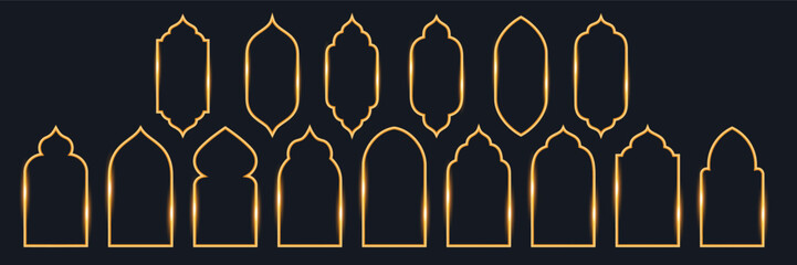 A collection of golden shining 3d frames in Arabic, Indian style. The silhouette of windows and doors of mosques and temples. Vector design elements for app buttons, website parts, typography