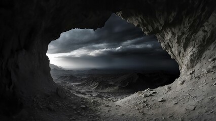 Grey cave exit leading to a desolate landscape (desolation, depression, hardship concepts)