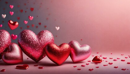 Pink and red shiny hearts on pink background. 3d Valentine's day border, copy space