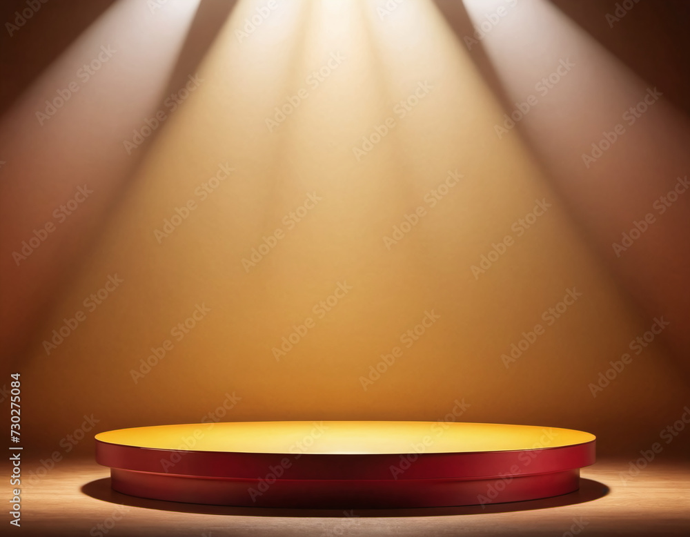 Poster an empty circular stage is illuminated by white spotlights in a warm, ambient setting, creating an i
