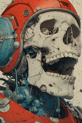 Illustration of a cyborg skeleton, implants, pain, warrior pose, in futuristic environment and post apocalyptic setting