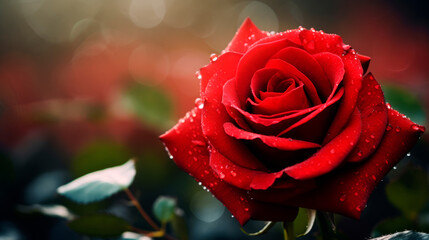 A red rose with raindrops on its petals stands against a dark, romantic background, and the narrow depth of field emphasizes the natural beauty of the flower. Valentine's Day