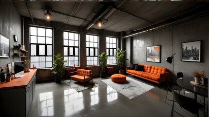 Modern Loft Vibes: Studio Apartment with Industrial Chic Decor in Concrete Gray, Rusty Orange Sofa, and Matte Black