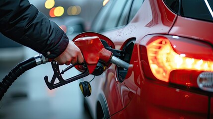 extreme closeup of person pumping gasoline fuel in car at gas station.extreme closeup of person pumping gasoline fuel in car at gas station. - obrazy, fototapety, plakaty