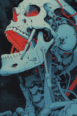 Illustration of a cyborg skeleton, implants, pain, warrior pose, in futuristic environment and post apocalyptic setting