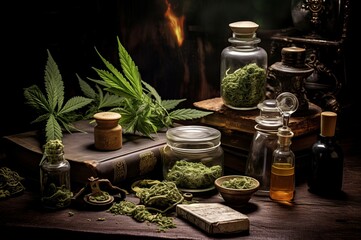 Fototapeta premium Dense Marijuana pods drying. Natural ganja leaf drug plant. Generate Ai