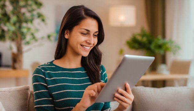 happy young woman at home, using a tablet, enjoying leisure time and staying connected