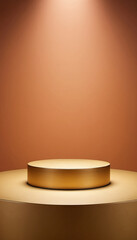 Minimalist golden podium with spotlight against a warm brown background, ideal for showcasing products or presentations.