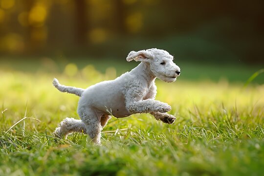 A Cute Bedlington Terrier dog is running in the grass, in the style of light silver and light azure