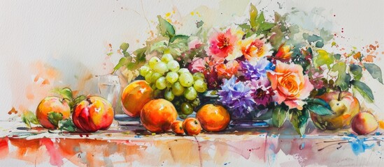 Watercolor painting of a still life with fruits and flowers, as an original artwork.