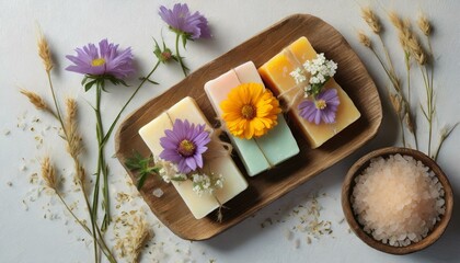 Obraz na płótnie Canvas Natural handmade soap with flowers and salt on a wooden board and white table, top view. Spa treatment