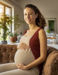 portrait of a young, pregnant woman in her living room