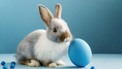  Easter bunny rabbit with blue painted egg on blue background