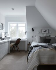 bedroom interior modern minimalist setup with a computer on a desk