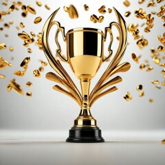 Dynamic golden trophy cup with laurel embellishments and flying golden petals on a light background.