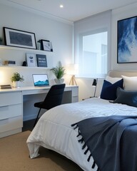 bedroom interior modern minimalist setup with a computer on a desk