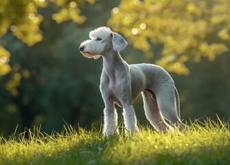Obraz na płótnie Canvas A Bedlington Terrier dog standing on a green grass, in the style of graceful movement, candid celebrity shots