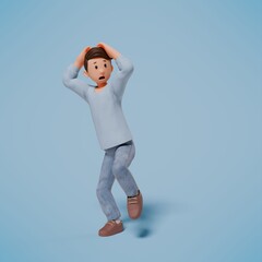 3d man shocked and frightened as he raised both hands above his head