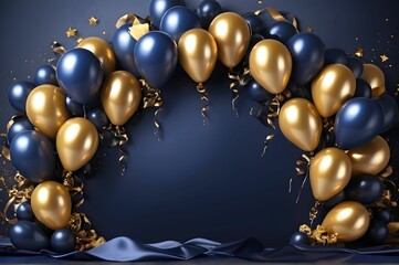 dark blue gold background with balloons, luxurious, beautiful arch, poster frame, discounts on birthday celebration concept, brochure, coupon flyer, advertising design, grand opening