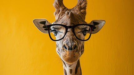 giraffe with glasses, yellow background, generative ai