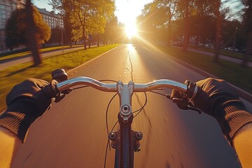 a bike view of spring road in the sunlight professional photography