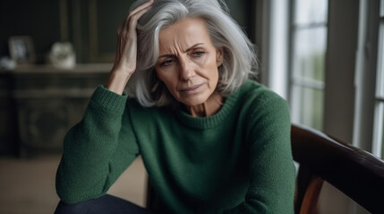Mature depressed woman with mental illness, seated indoors, wearing a dark green sweater
