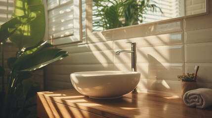 Modern wood vanity counter top and wall tiles with ceramic wash basin and minimal style faucet in bathroom in warm morning sunlight