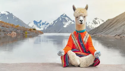 Gordijnen Calm looking alpaca or llama wearing simple clothes, sitting on ground in lotus like position © Marko