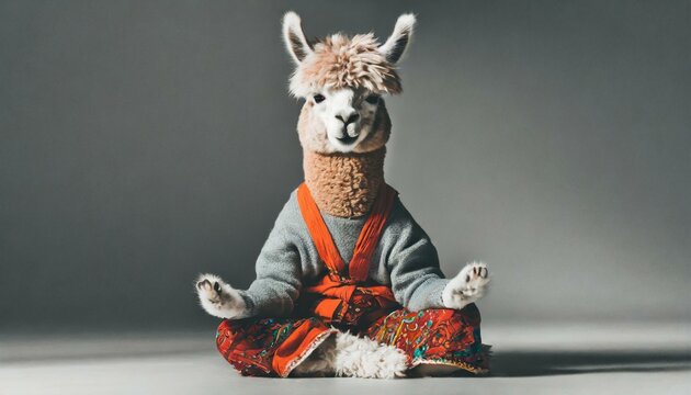 Calm looking alpaca or llama wearing simple clothes, sitting on ground in lotus like position