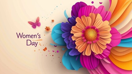 Brightly colored flowers and butterflies on a beige backdrop with Women's Day message.