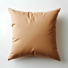 Neutral beige pillow isolated on white background with shadow. Neutral beige cushion top view. Pillow flat lay. Satin pillow. Silk covered cushion isolated