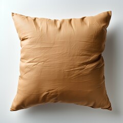 Neutral beige pillow isolated on white background with shadow. Neutral beige cushion top view. Pillow flat lay. Satin pillow. Silk covered cushion isolated
