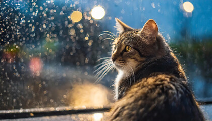 Sad cat sitting on the wet asphalt in the rain 