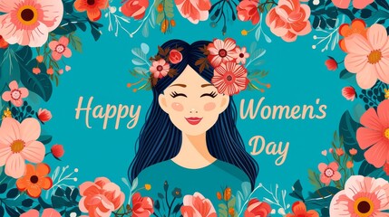 Joyful illustration of a woman with floral hair decorations on a vibrant blue background for Women's Day.