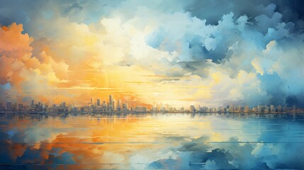 Abstract background as surreal illustration of cloudscape above city in style of oil paintings of...