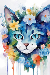 Watercolor blue cat and flowers