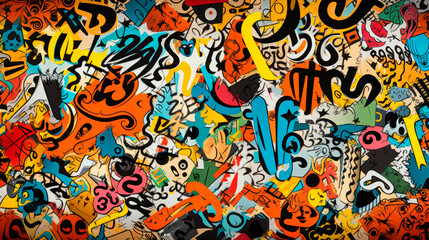 A dynamic pop art collage featuring an array of shapes, patterns, and colors, reminiscent of comic book style. Yar graffiti on the walls of the city streets. Street Art. Freedom of creativity