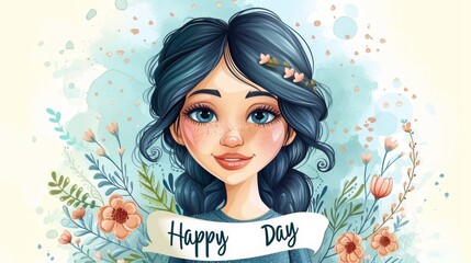 Whimsical illustration of a young woman surrounded by watercolor floral elements with a Happy Day banner.