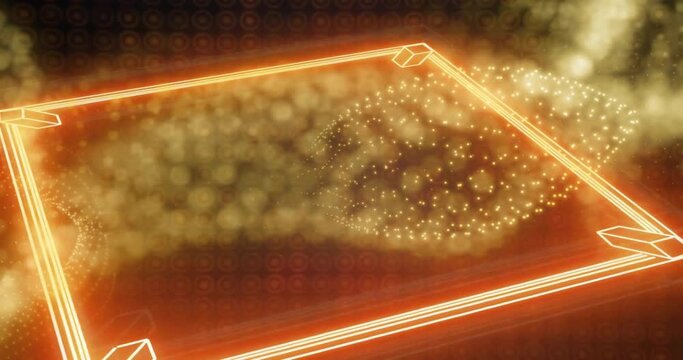Animation of network of golden particles over orange neon boxing ring on black