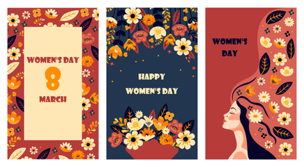 Women's Day. A set of cards with the image of a cute woman and flowers.