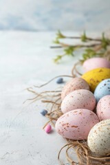 Naklejka na ściany i meble Speckled pastel Easter eggs arranged on a nest with a soft, focused background.