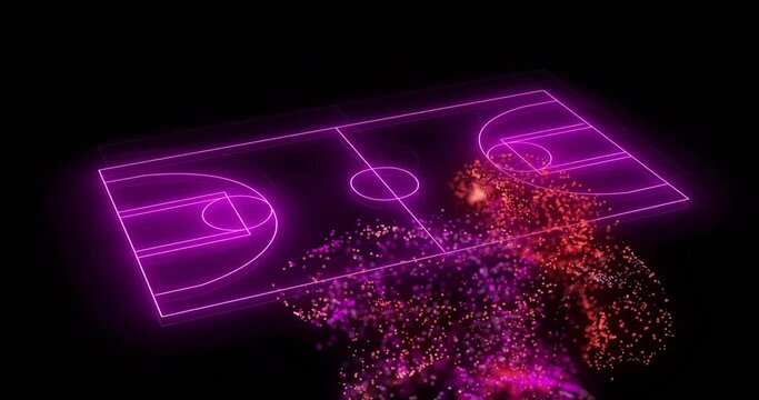 Animation of network of red particles over purple neon basketball court on black background